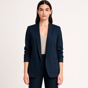 H&M Womens Blazer Jacket Size 4 Navy Blue 3/4 Ruched Sleeve Open Front